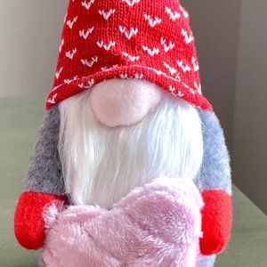 11 1/2"L Valentine's Day Plush Love Gnome Doll Holding Pink Heart Red Knit Cap